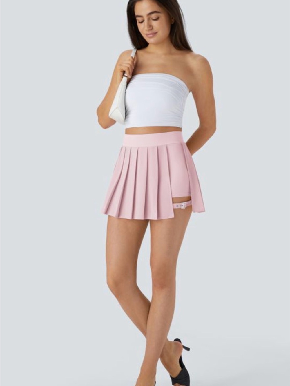 HALARA Pleated Mini Skirt in Soft Pink with Side Garter